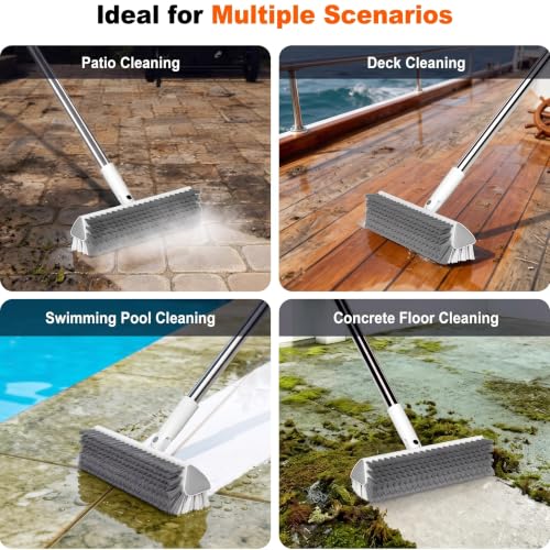 V-Shaped Floor Scrub Brush with Long Handle, Heavy-Duty Stiff Bristle Grout Cleaning Brush, 180° Rotating Tile Scrubber for Bathroom, Shower, Kitchen, Garage, Patio, Deck & Concrete Floors - color: New White Grey