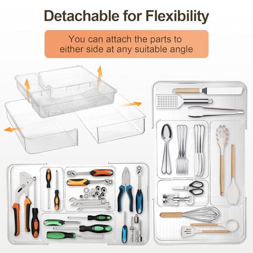 Expandable Drawer Organizer, Adjustable Shallow Tray, 11" to 19" Width | 1.97" Height, Clear Plastic Storage, For Bedroom/Living Room/Kitchen/Bathroom/Office, Cosmetic/Tools/Cutlery/Stationery