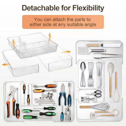 Expandable Drawer Organizer, Adjustable Shallow Tray, 11" to 19" Width | 1.97" Height, Clear Plastic Storage, For Bedroom/Living Room/Kitchen/Bathroom/Office, Cosmetic/Tools/Cutlery/Stationery