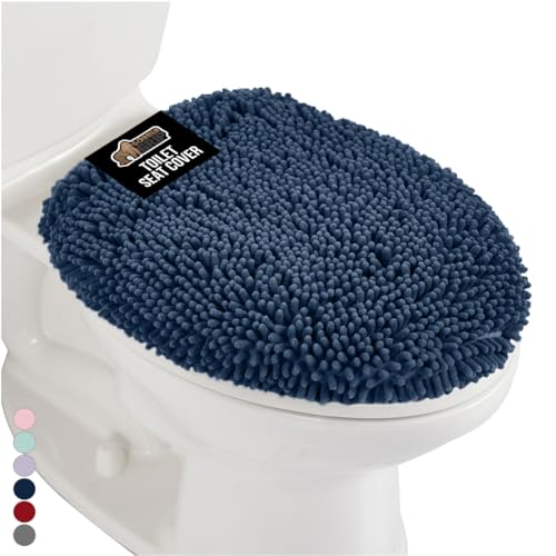 GORILLA GRIP Soft Chenille Bathroom Toilet Lid Cover, Machine Washable Seat Covers, 19.5x18.5, Stays in Place Rubber Backing, Fits Most Round, Elongated and Oblong Lids, Accessories Decor, Navy Blue - color: Navy, style: Chenille