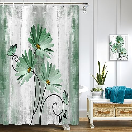 Rustic Farmhouse Shower Curtain, Farm Sage Green Daisy Floral Flowers and Butterfly on Country Wooden Shower Curtain for Bathroom, Turquoise Teal Gray Grey Shower Curtain with 12PCS Hooks, 47X64IN - color: Green, size: 47"W x 64"L (Pack of 1)