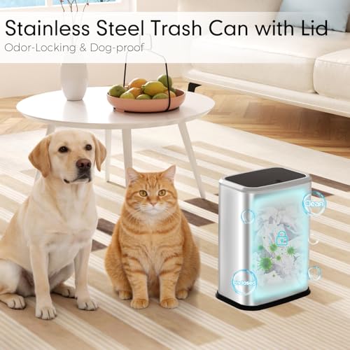 Bathroom Trash Can with Lid, 8L/2.1 Gallon Silver Trash Can Small Garbage Can with Press Top Lid Slim Stainless Steel Garbage Can with 100 Counts Trash Bags for Bathroom Bedroom Kitchen Office Toilet - color: Silver, size: Press-Top Trash Can