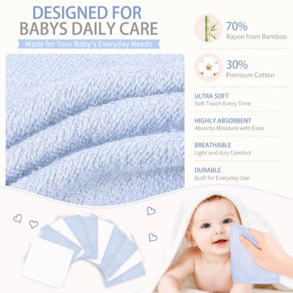Baby Washcloths 10 Pack Rayon from Bamboo Ultra Soft Absorbent Terry Wash Cloth 10" x 10" Bath Towels for Face Burp Wipes Reusable Lightweight Newborn Essentials Shower Gift Set - color: Blue
