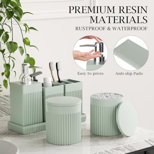 Bathroom Accessories Set, 6-Piece Resin Green Bathroom Set with Toothbrush Holders, Soap Dispenser, Vanity Tray, Tumbler, Cotton Swab Jars, Modern Bathroom Organizer for Small Spaces - color: Green
