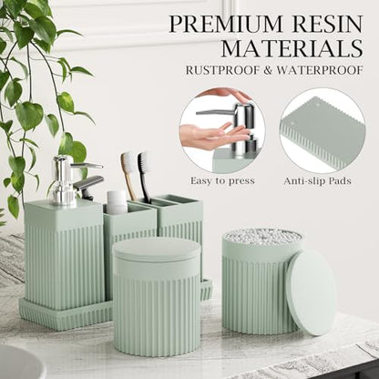 Bathroom Accessories Set, 6-Piece Resin Green Bathroom Set with Toothbrush Holders, Soap Dispenser, Vanity Tray, Tumbler, Cotton Swab Jars, Modern Bathroom Organizer for Small Spaces - color: Green