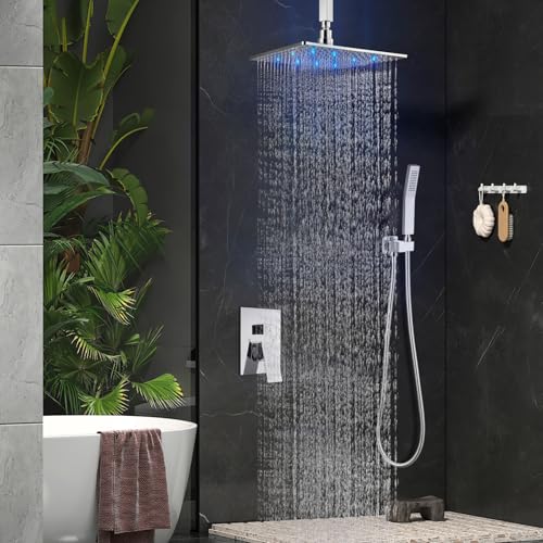 Aolemi Ceiling Shower Faucet Set with Handheld 10" LED Head Polish Chrome | Handheld Spray,10 Inch Rain LED Head,Shower Valve and Trim Kit,All Metal,Ceiling System,Bathroom Mixer - color: Chrome, size: 10 Inch LED Shower Head