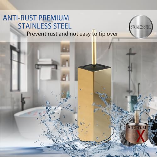 BGL Square Toilet Brush with Holder,Stainless Steel Rubber Painted Toilet Bowl Brush and Holder for Bathroom,2 Cleaner Brush Heads,Gold - color: Gold