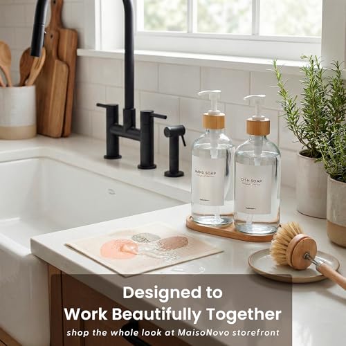 Maisonovo Dish Soap Dispenser Set - Clear Soap Dispenser White Bamboo Pumps | Glass bottles for body wash, lotion, shampoo or conditioner · Sink, bathroom or countertop · Tray, 16.9 oz each - color: Clear Bottles White Bamboo Pumps