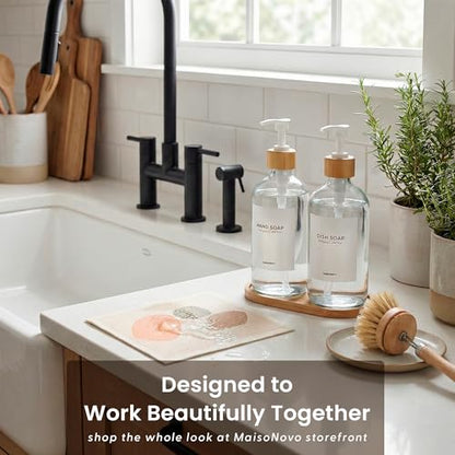 Maisonovo Dish Soap Dispenser Set - Clear Soap Dispenser White Bamboo Pumps | Glass bottles for body wash, lotion, shampoo or conditioner · Sink, bathroom or countertop · Tray, 16.9 oz each - color: Clear Bottles White Bamboo Pumps