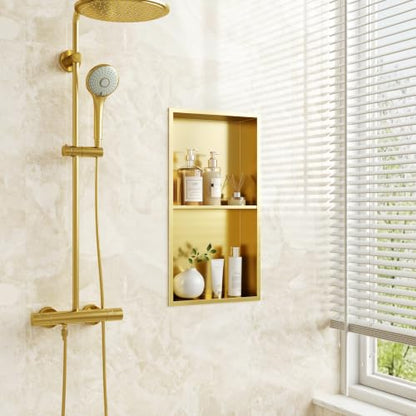 Qeke 12" x 24" Stainless Steel Shower Niche w/Double Shelves, Brushed Golden - color: Brushed Golden, size: 12X24"