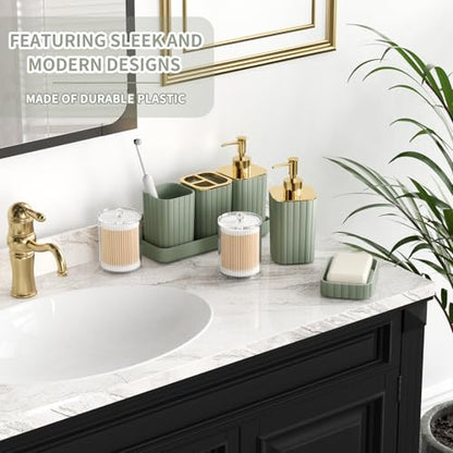 XLHOMO Bathroom Set - 26PC Bathroom Set with Shower Curtain and Rugs, Bathroom Accessory Set, Sage Green Bathroom Accessories Set, Trash Can & Soap Dispenser - style: Sage Green&Gold