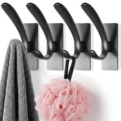 Self Adhesive Towel Hooks, Matte Black Metal Hooks,Waterproof Stainless Steel Hanger Coat Hooks for Hanging Coat,Towels, Bath Robe in Bathroom Kitchen Home - size: 4 Pack-Rectangular Double Hook