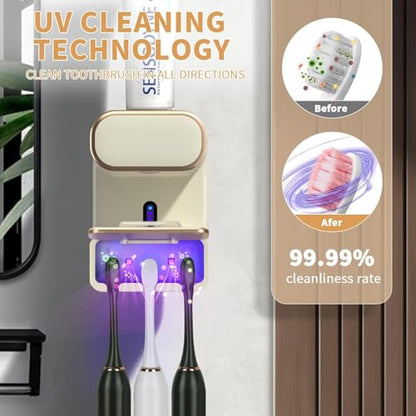 Automatic Toothpaste Dispenser, Electric Toothpaste Dispenser Multi-Function, Toothbrush Cleaner Wall Mounted with 3 Brush Slots, Toothbrush Organizer and Holder for Bathroom (Beige) - color: White