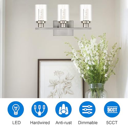 MELUCEE 3 Light LED Bathroom Light Fixtures Brushed Nickel 3000K-6000K | Dimmable Bathroom Lights Over Mirror Wall Light Fixture with Crystal Bubble Clear Glass Shade, Built-In LED Chips - color: Brushed Nickel, size: LED-3 Lights