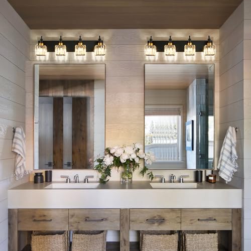 Gold Black Crystal Bathroom Lighting Fixtures, 4 Light Brass Modern Crystal Bathroom Vanity Lights Over Mirror Brass Bath Light - color: Black Gold-Square Shade, size: 4-Light