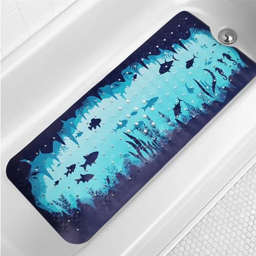 Blue Bathtub Mat Non Slip 40x16in Extra Long Bath Mat for Tub Funny Cute Ocean Animals Anti Slip Shower Mat for Bathroom with Large Drain Holes and Suction Cups Quality Bath Mats and Bathtub Decor - color: Sea World, size: 40" x 16" (Rectangular)
