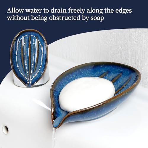 Soap Dish, Self-Draining Soap Holder, Leaf Shape Ceramic Bar Soap Holder Drain Soap Dishes for Bathroom Sink Kitchen, Easy to Clean Keeps Soap Dry, Blue, ANTIS'S HOME - color: Blue-1pcs