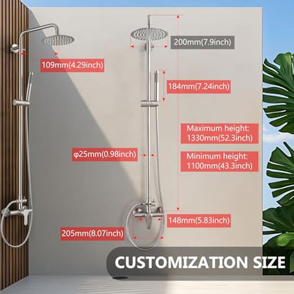 Outdoor Shower Kit, 8-Inch Rain Head and Handheld, Brushed Nickel | Dual-Function Outdoor Shower Kit With An 8-Inch Rain Head, Handheld Spray, Adjustable Slide Bar And Single-Handle Control - color: Nickel