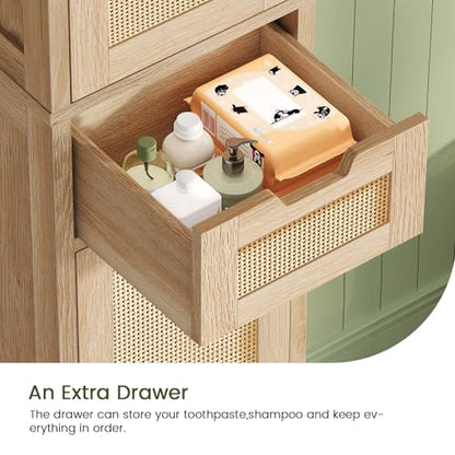 Iwell Tall Bathroom Cabinet, Slim Narrow Storage Cabinet with Adjustable Shelves, Rattan Cabinets with 1 Drawer, for Bathroom, Living Room, Entryway, Kitchen, Nature - color: Natural,1drawer