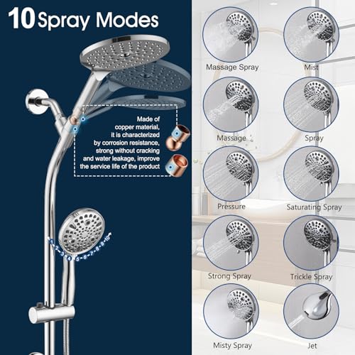 High Pressure Shower Head with Handheld Shower, 26" Adjustable Height Drill-Free Slide Bar, 3-Way Diverter for Easy Reach, Dual Shower Head Combo Set with 5ft Hose - Chrome - color: Chrome