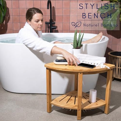 DECOMIL - Bamboo Corner Shower Bench, Bathroom Shower Stool with Storage, Nonslip Feet & Waterproof Bench, Perfect for Bath, Spa and Home Décor