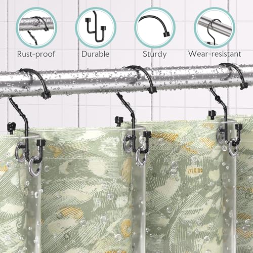Bathway 12-Pack Double Shower Curtain Hooks, Rust-Resistant Metal Shower Curtain Rings with High-Low Design to Separate Liner & Curtain, Smooth Glide, Black - color: Black