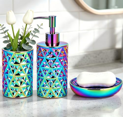 Rainbow Bathroom Accessories Set 3Pcs - Soap Dispenser, Soap Dish, Vase | Luxury Design Diamond Ceramic Bathroom Accessory Complete Set - Lotion Dispenser, Soap Dish,Vase for Countertop Vanity - color: Rainbow