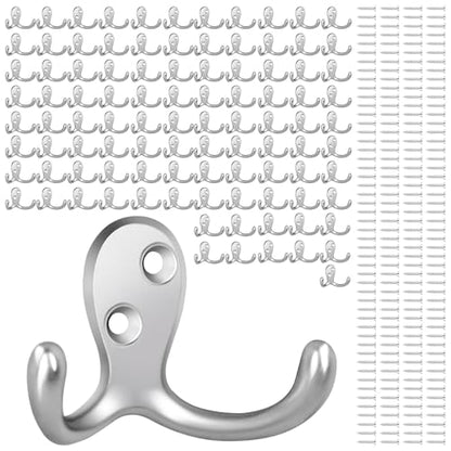 Homanu 100 Pack Coat Hooks, Heavy Duty Double Prong Coat Hooks Wall Mounted with 200 Screws, No Rust Silvery Metal Wall Hooks for Hanging Towel, Coat, Bag, Hat, Cup, Key - color: 100 Pcs Silvery