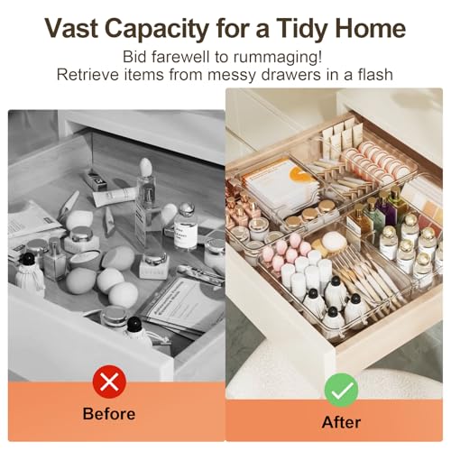 Expandable Drawer Organizer, Adjustable Shallow Tray, 11" to 19" Width | 1.97" Height, Clear Plastic Storage, For Bedroom/Living Room/Kitchen/Bathroom/Office, Cosmetic/Tools/Cutlery/Stationery