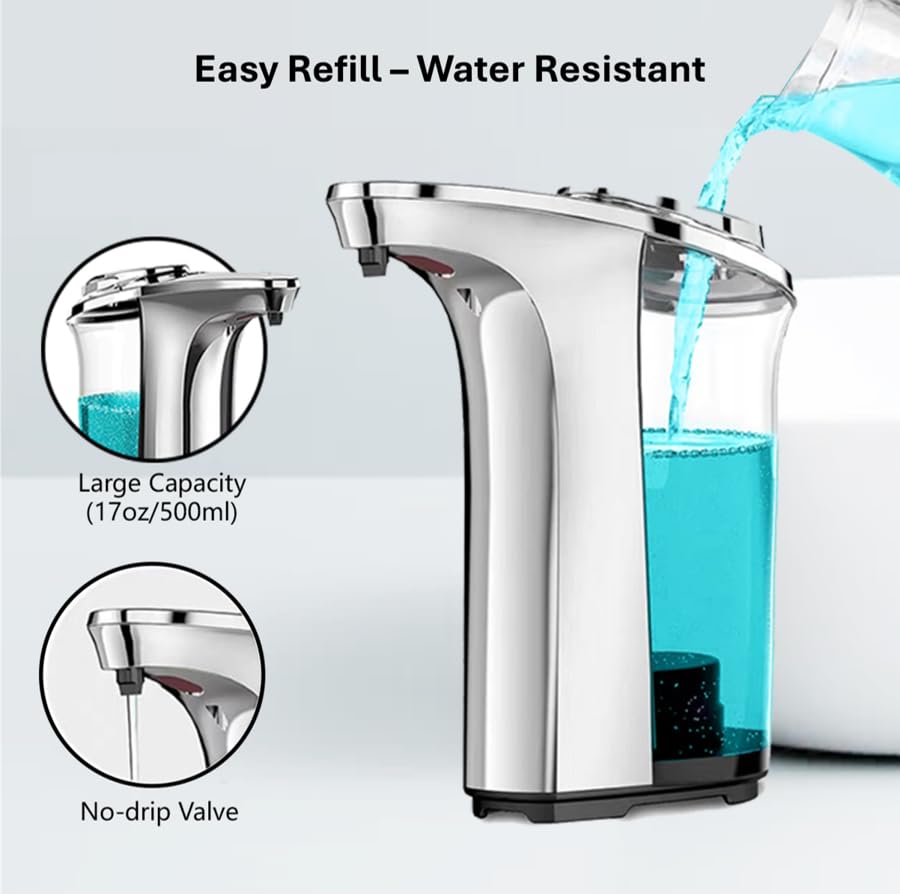 Automatic Soap Dispenser Touchless, Silver Glossy Finish | 17oz / 500mL, Battery Operated