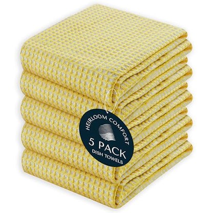 5 Pack Dual Waffle Weave Kitchen Towels, 16x26 Inch, 100% Cotton, Super Absorbent, Quick Dry, Reversible Dishcloth Set, Soft and Durable, Lemon Yellow - color: Lemon Yellow, size: 16 x 26 - Pack of 5