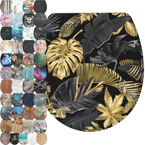 Sanilo Wooden Toilet Seat with Quick Release & Soft Close [ROUND] - Decorative & Slow Close Molded Wood Seat - With One Click for Easy Installation & Cleaning - With Adjustable Fit (Golden Leaves) - color: Golden Leaves