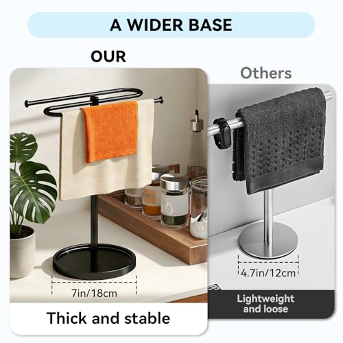 Free Standing Towel Rack for Bathroom Countertop - Upgraded S-Shaped Hand Towel Holder Stand, 14" Tall Rustproof Pedestal Towel Hanger for Vanity, Kitchen & RV, Heavy Duty Non-Slip Base, Black