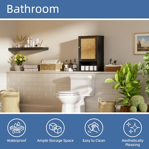HITNET Wall Cabinet, Rattan Medicine Cabinet Over the Toilet with Adjustable Shelf, Space Saving Bathroom Hanging Storage for Small Space, Black - color: Black