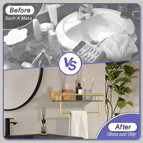 Bathroom Glass Shelf Brushed Gold Finish with Towel Rack, SUS304 Stainless Steel, 16-inch Tempered Glass Shelves for Wall - color: Brushed Gold, size: 16-inch with Railing