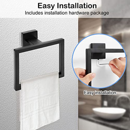 Matte Black Towel Ring,Square Hand Towel Holder,Towel Hanger, Bathroom Hardware Accessories,Stainless Steel Wall-Mounted Towel Hoder - color: Matte Black, size: 1 Pc
