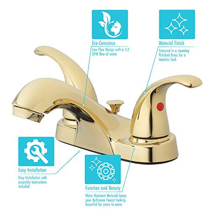 Two-Handle Centerset Bathroom Sink Faucet, Polished Brass | 1.2 GPM Flow, 3-Hole Install, Drip-Free Cartridge, Pop-Up Drain, WaterSense Certified, Double Handle Bathroom Sink Faucet - color: Polished Brass