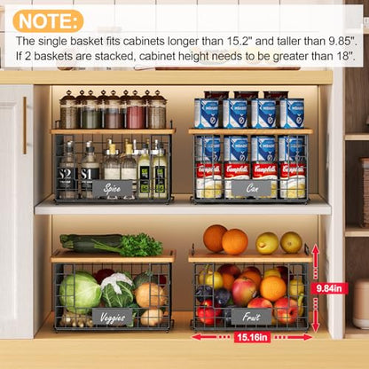 2 Pack Stackable Wire Baskets with Bamboo Top,Pantry Organizers Counter | Potato and Onion Storage Bin with Labels & 2 Pads, Kitchen Organization for Fruit, Vegetable, Produce, Bread, Cabinet - size: XXL-15.2x11.02x9.84