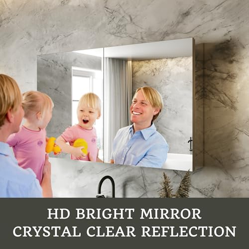 40 x 24 in Medicine Cabinet with Mirror and Side Panels, Silver | Surface or Recessed Medicine Cabinet Mirror with Storage, Adjustable Shelves, Aluminum Alloy Frame, Assembly Required - size: 40''x24''