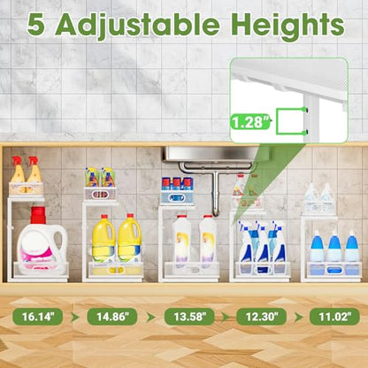 Under Sink Organizer 2-Pack, Metal 2-Tier Pull-Out Cabinet Shelf with Slide-Out Mesh Drawers, Height Adjustable, Space-Saving Under Sink Storage Racks for Kitchen, Bathroom, Laundry Room, White - color: White