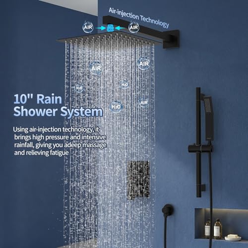 SR SUN RISE 10 Inch Square Shower System with Slide Bar,Matte Black | Rain Head and Handle System,16" Adjustable Shower Slide Bar,Soild Brass,Wall Mount,Included Valve and Trim Kit - color: Matte Black, size: 10 Inch