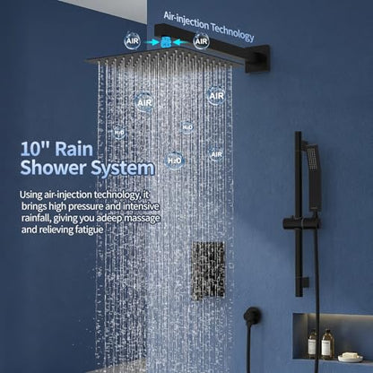 SR SUN RISE 10 Inch Square Shower System with Slide Bar,Matte Black | Rain Head and Handle System,16" Adjustable Shower Slide Bar,Soild Brass,Wall Mount,Included Valve and Trim Kit - color: Matte Black, size: 10 Inch
