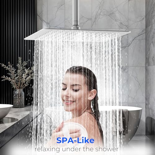 12 Inch Rain Shower Head, 12" Square Rainfall & High Pressure Stainless Steel Bath Shower Head, 1/16" Ultra Thin, Waterfall Full Body Coverage with Silicone Nozzle, Polished Chrome - color: Brushed Nickel, size: 12 Inch