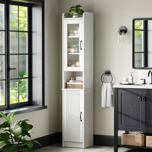 71'' Tall Storage Cabinet, Slim Bathroom Oragnizer, Freestanding Narrow Floor Linen Cabinet with Fluted Doors for Bathroom Living Room Small Space (Cream White) - color: Cream White