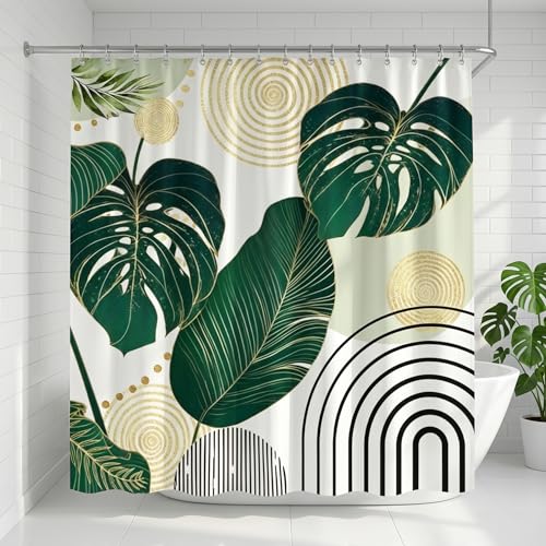 Bohemian Mid Century Shower Curtain, Sage Green Abstract Plant Palm Leaf Pattern, 72x72 Inch Waterproof Polyester Insulated Home Decor - color: Multicolor Aa