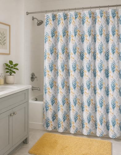 Serafina Home Hotel Quality Fabric Bathroom Shower Curtain: Floral Leaf Damask - Blue, Teal, Yellow, Grey and White (72 x 70 inches) - color: Laura