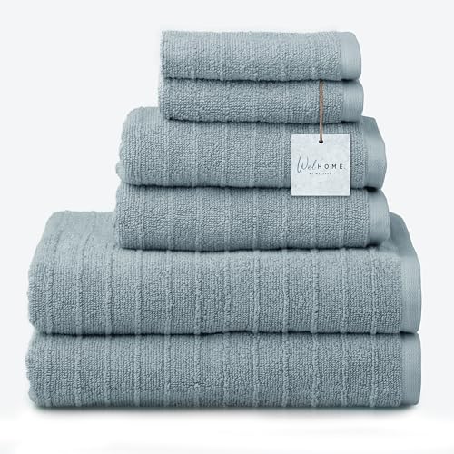 Welhome James 100% Cotton Towel Set of 6 - Textured Stripe Towels for Bathroom - 6 Piece Set of 2 Bath Towels, 2 Hand Towels, 2 Washcloths, Soft & Absorbent, Dusty Blue - color: Dusty Blue, size: 6 Piece Towel Set