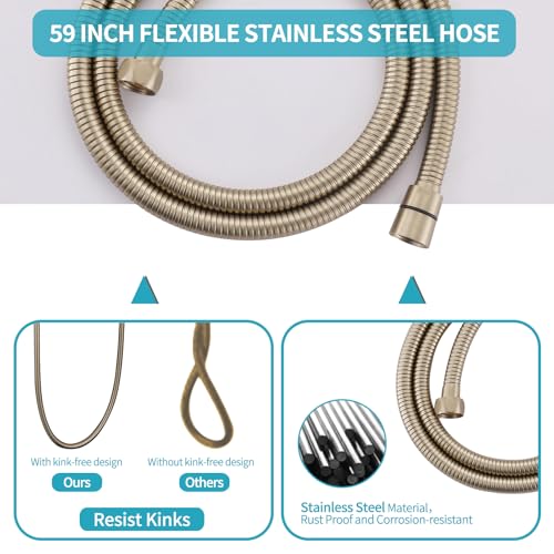Shower Slide Bar Handheld Shower Head with Hose, Bathroom Showerhead with Handle Spray, High Pressure Shower Slide Bar Height Adjustable with 59.06 Inch Stainless Steel Hose Brushed Gold - color: Brushed Gold-Square