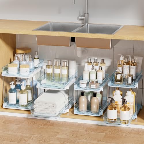 Delamu 2-Tier Multi-Purpose Bathroom Under Sink Organizers and Storage, Stackable Kitchen Pantry Organization, Pull Out Medicine Cabinet Organizer with Movable Dividers, Blue, 4 Pack - color: Blue, size: 4 Pack