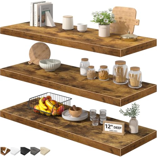 QEEIG 12" Deep Floating Shelves for Wall - 12 x 36 inch Book Shelf Bathroom Bedroom Kitchen Living Room Hanging Bookshelf Farmhouse Set of 3, Brown (026-90BN3) - color: A. Brown, size: 35.4" x 12"